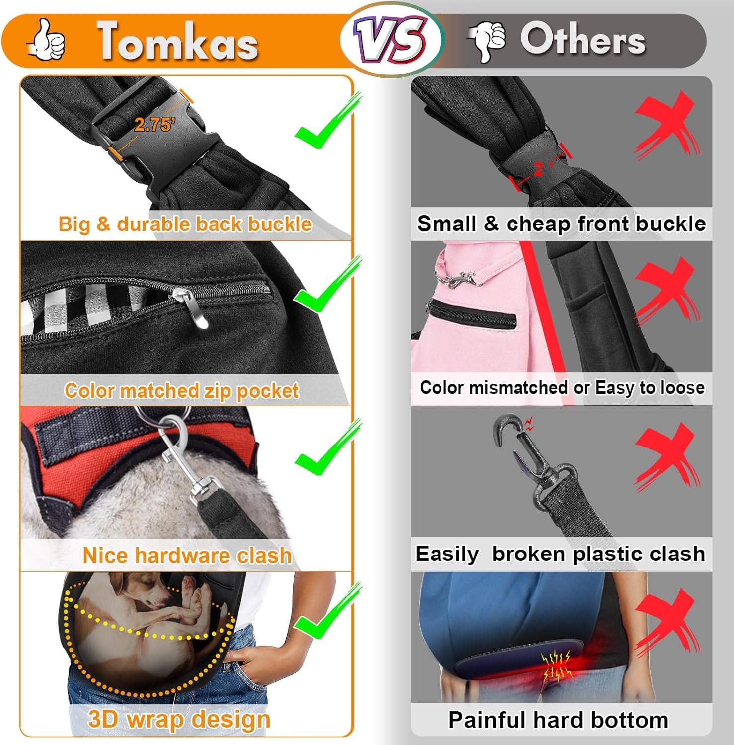 Small Dog Sling Carrier - Zipper Pocket & Adjustable Strap - for 3-10 Lbs Pets(Black)